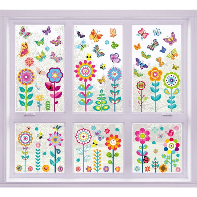 9 Sheets Cute Window Clings DIY Flower Plant Pattern Window Stickers Removable Self Adhesive Window Decals Removable Vinyl for Glass Window Decoration