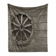 thumbnail image 1 of Barn Wood Wagon Wheel Soft Flannel Fleece Throw Blanket, Antique Aged Carriage Vehicle Wheel on the Wall of Barn Grunge Western, Cozy Plush for Indoor and Outdoor Use, 70" x 90", Umber, by Ambesonne, 1 of 6