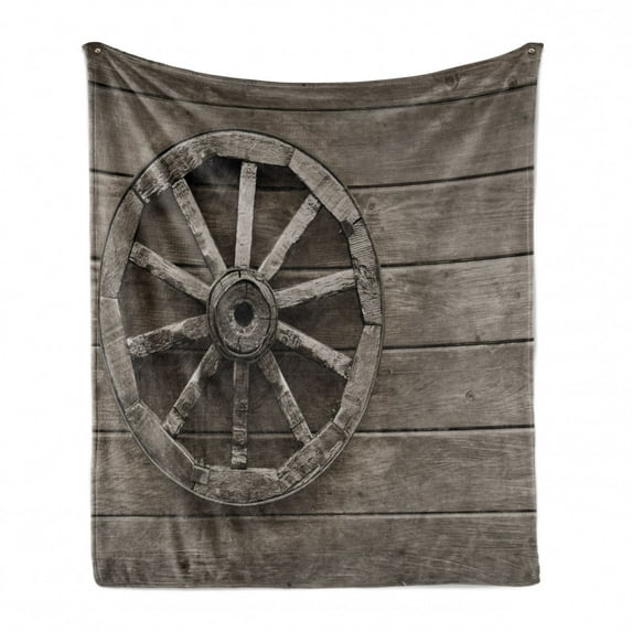 Barn Wood Wagon Wheel Soft Flannel Fleece Throw Blanket, Antique Aged Carriage Vehicle Wheel on the Wall of Barn Grunge Western, Cozy Plush for Indoor and Outdoor Use, 70" x 90", Umber, by Ambesonne