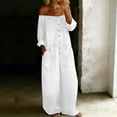 thumbnail image 2 of Off-Shoulder Denim Jumpsuit for Women, Long Sleeve Button Front Wide Leg Romper with Pockets - Washed Casual Playsuit White XXXL, 2 of 6