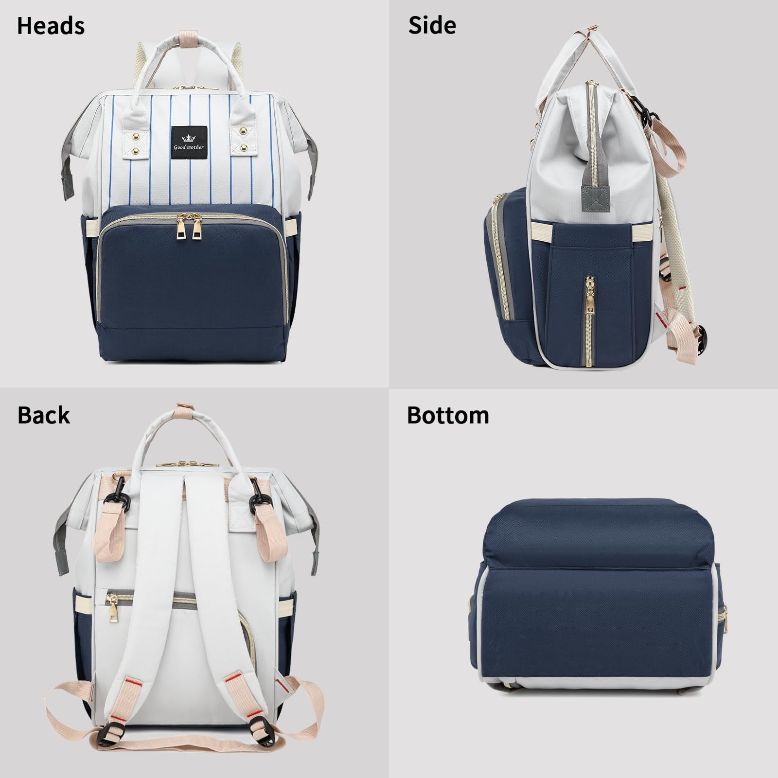 Diaper Bag Bacpack, HDJ Diaper Bag for Travel, Large Capacity Bacpack with Insulated Milk Bottle Pocket for Mommy,Navy
