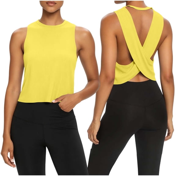 Yteetum Women's Open Back Workout Tank Tops Sleeveless Crewneck Backless Sports Gym Yoga Cropped Tops Solid Lightweight Comfy Ribbed Fitness Athletic Tanks