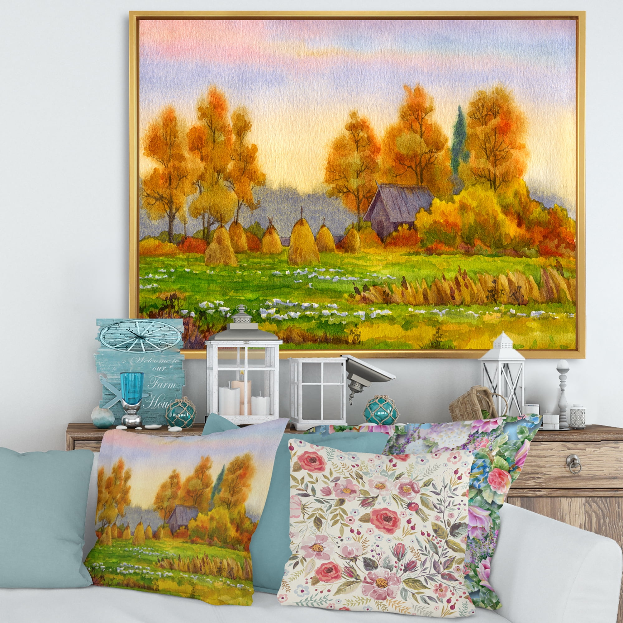 Designart 'Orange Fields With Haystacks I' Lake House Framed Canvas Wall Art Print