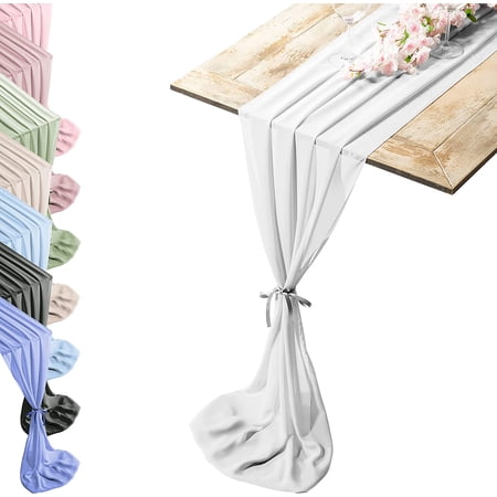 Silky Touch Chiffon Table Runner with Two Style Ribbon Ties - 10ft. Stark-White Table Runner Wedding Table Runner 29 x 120 Inches Great Runner for Halloween Party Christmas Event & Elegant Dining