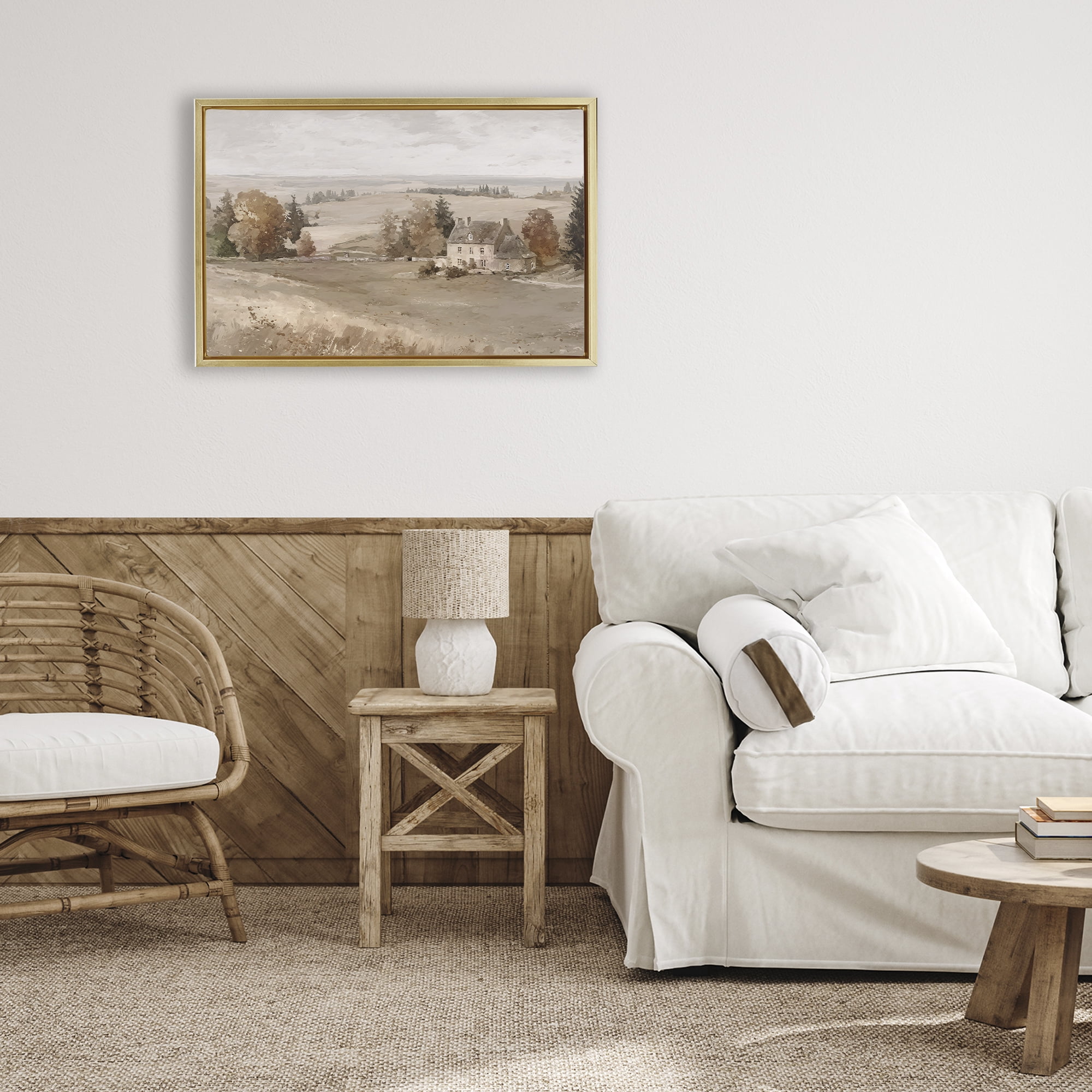 Stupell Industries Quaint Cottage in Countryside Gold Framed Floater Canvas Wall Art, design by Jacky Ngan