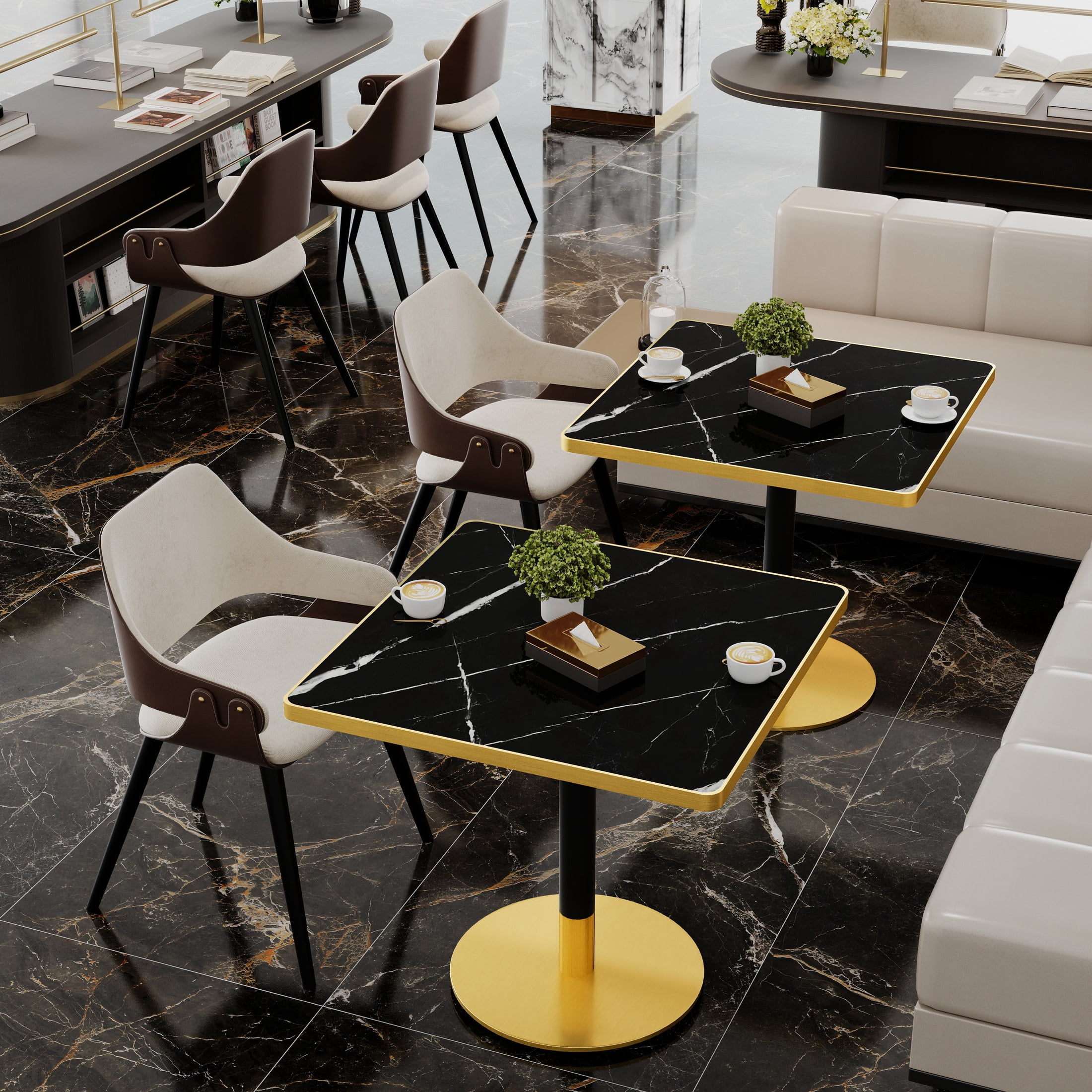 Noble House 31.5" Square Dining Table with Faux Marble Top, Luxury Bistro Table with Stainless Steel Legs, Black & Gold
