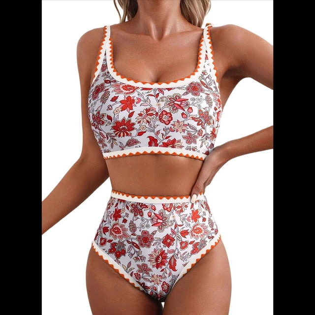 Conjuntos de Bikini para Mujer con Estampado Floral, Trajes de Baño de Dos Piezas con Escote Redondo y Cintura Alta. Naranja y Rojo M