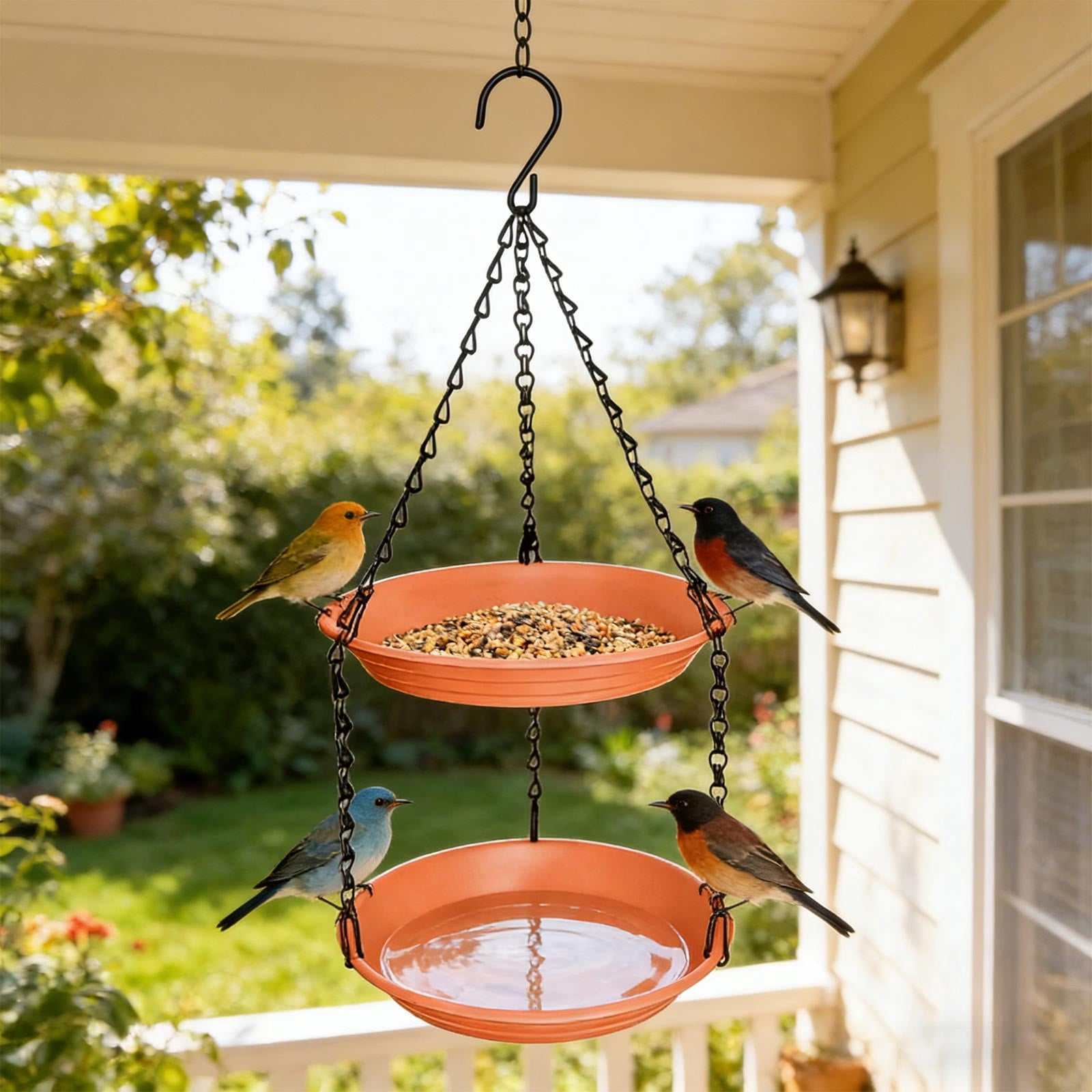 Double Layer Hanging Bird Feeder Outdoor 2-in-1 Water and Seed Tray, Orange Oriole Plastic Rustproof with Chain Shallow Dish for Wild Bird Garden