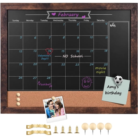 Magnetic Chalkboard Calendar Corkboard, Small Combination Chalk Board Bulletin Board, 13" x 17",Walnut Brown Framed Blackboard Calendar Cork Combo Board(ZHHB-BN-3343)