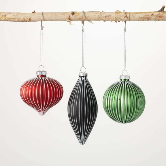 Glitter-Striped Drop Ornaments Multicolor 3"H Glass Set of 3