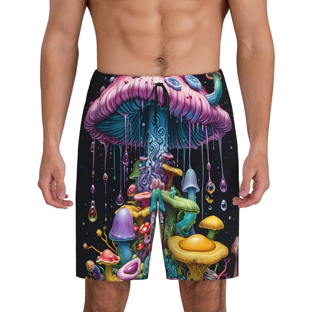 Balery Colorful Mushroom Pantalones cortos de pijama de punto de algodón para hombre con cinturilla y bolsillos-X-Large