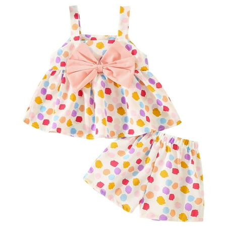 

KUNKASA Outfits Set for Girls Boys Casual Summer Toddler Sleeveless Bowknot Dot Prints Tops Shorts Two Piece Children Clothes 6-12 Months