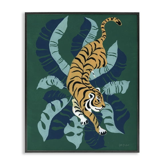 Stupell Industries Tiger Prowling over Palms Animals & Insects Painting Black Framed Art Print Wall Art, 11 x 14