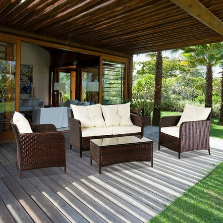Ktaxon 4PCS Patio Rattan Conversation Furniture Set Cushioned Seat Coffee Table / Brown Black Gray Optional