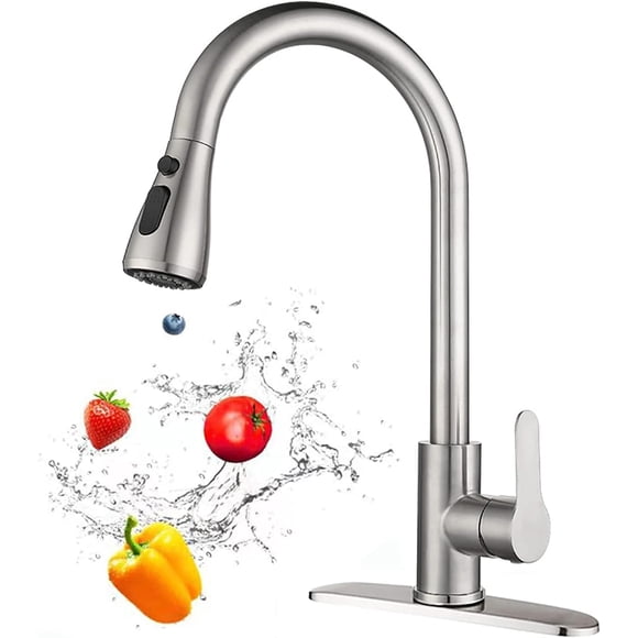 XINQIHANG Kitchen Faucet - Stainless Steel 360° Swivel Kitchen Sink Faucets, Hot and Cold Water Kitchen Tap Pullout Sink Faucet with 2 Hoses, Brushed Nickel