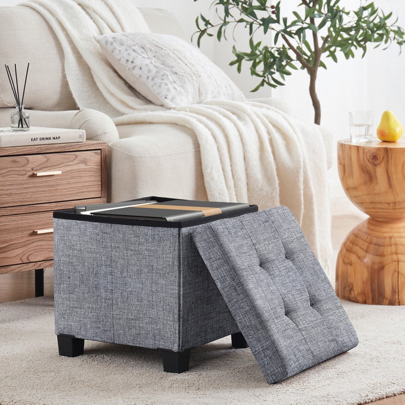 Ornavo Home 15 Inch Folding Storage Ottoman with Storage, Square Cube Linen Small Storage Ottoman Foot Rest Stool with Legs