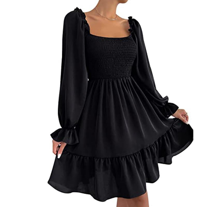 Women’s Square Neck Long Puff Sleeve Dress A-Line High Waisted Flowy ...