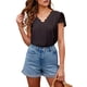 thumbnail image 1 of Blusa negra de moda para mujer con mangas cortas y detalle calado, talla L, escote en V, parte superior de encaje de crochet, 1 of 5