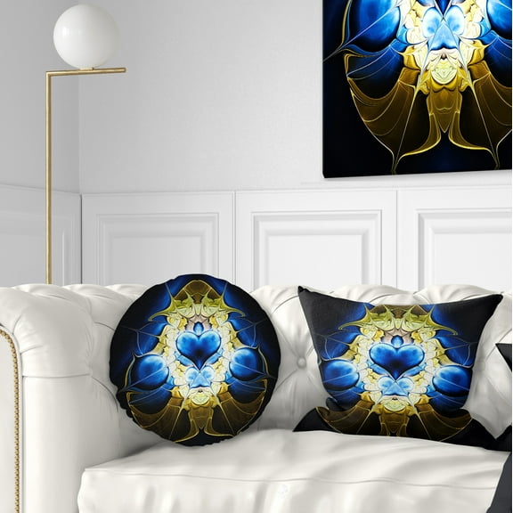 Designart Large Blue Gold Symmetrical Fractal Heart - Abstract Throw Pillow - 12x20