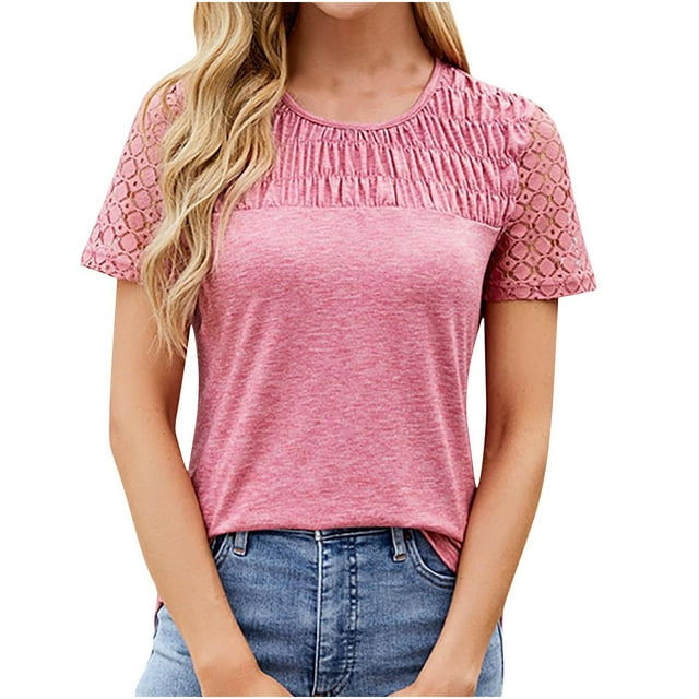 XMMSWDLA T-Shirts à Manches Courtes et Col Rond pour Femmes, Mode Été Basique, Hauts de Fête Roses pour Femmes