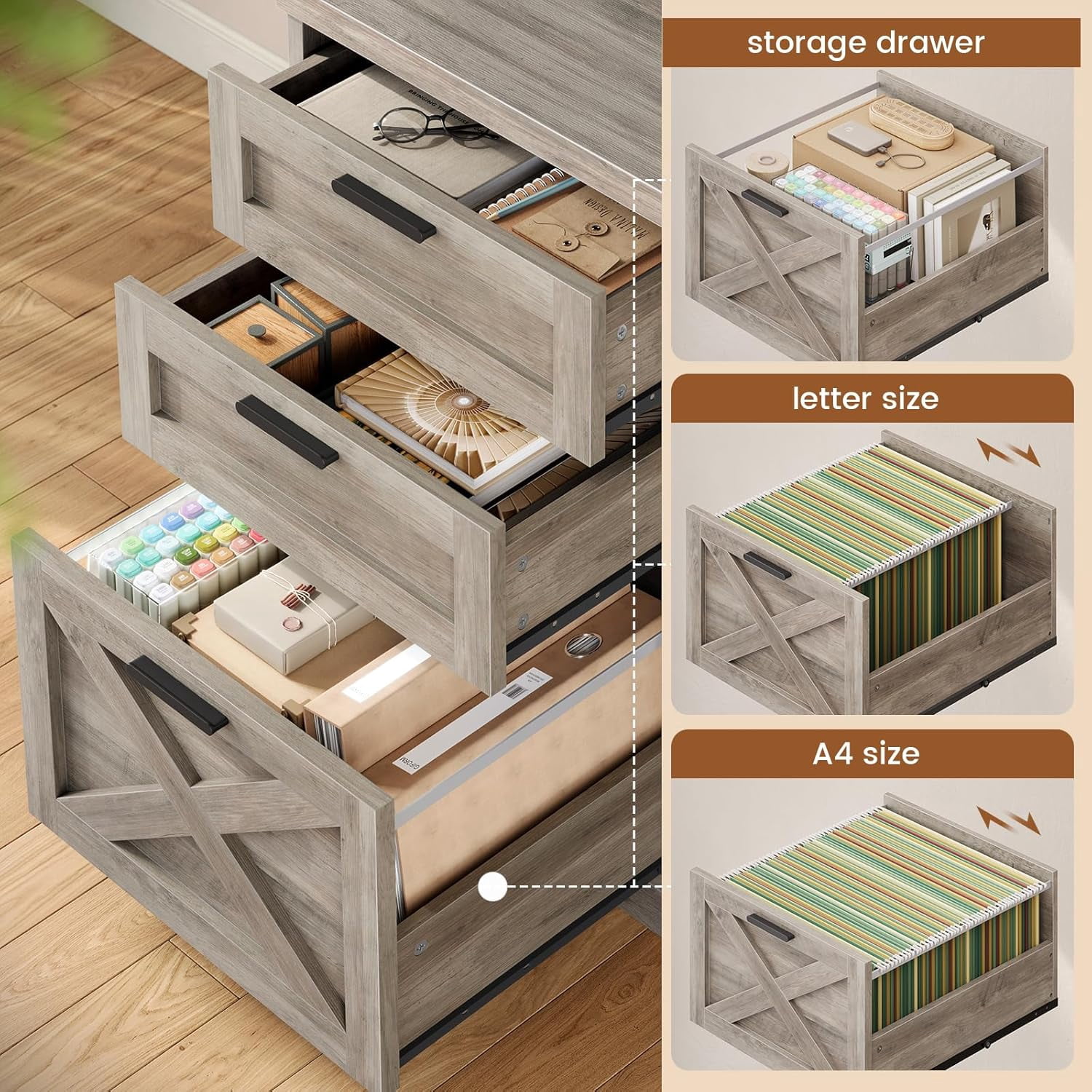 55.1" Farmhouse Desk with 3 Drawers & Open Shelves, Home Office Desk with Power Outlets & File Drawer, Wood Desk with Ample Storage, Computer Desk for Bedroom, Grey