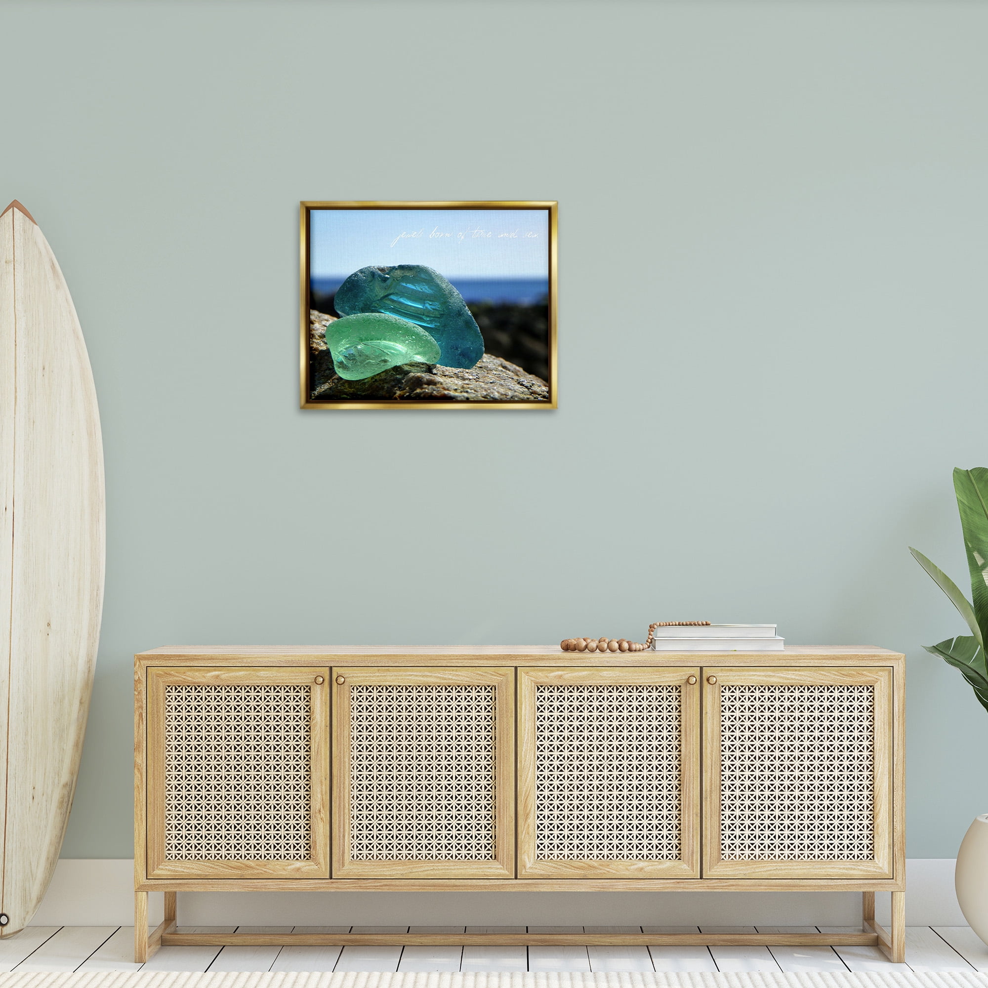 Stupell Industries Sea Glass Photography Phrase Typography Photography Gold Floater Framed Canvas Art Print Wall Art, 31 x 25