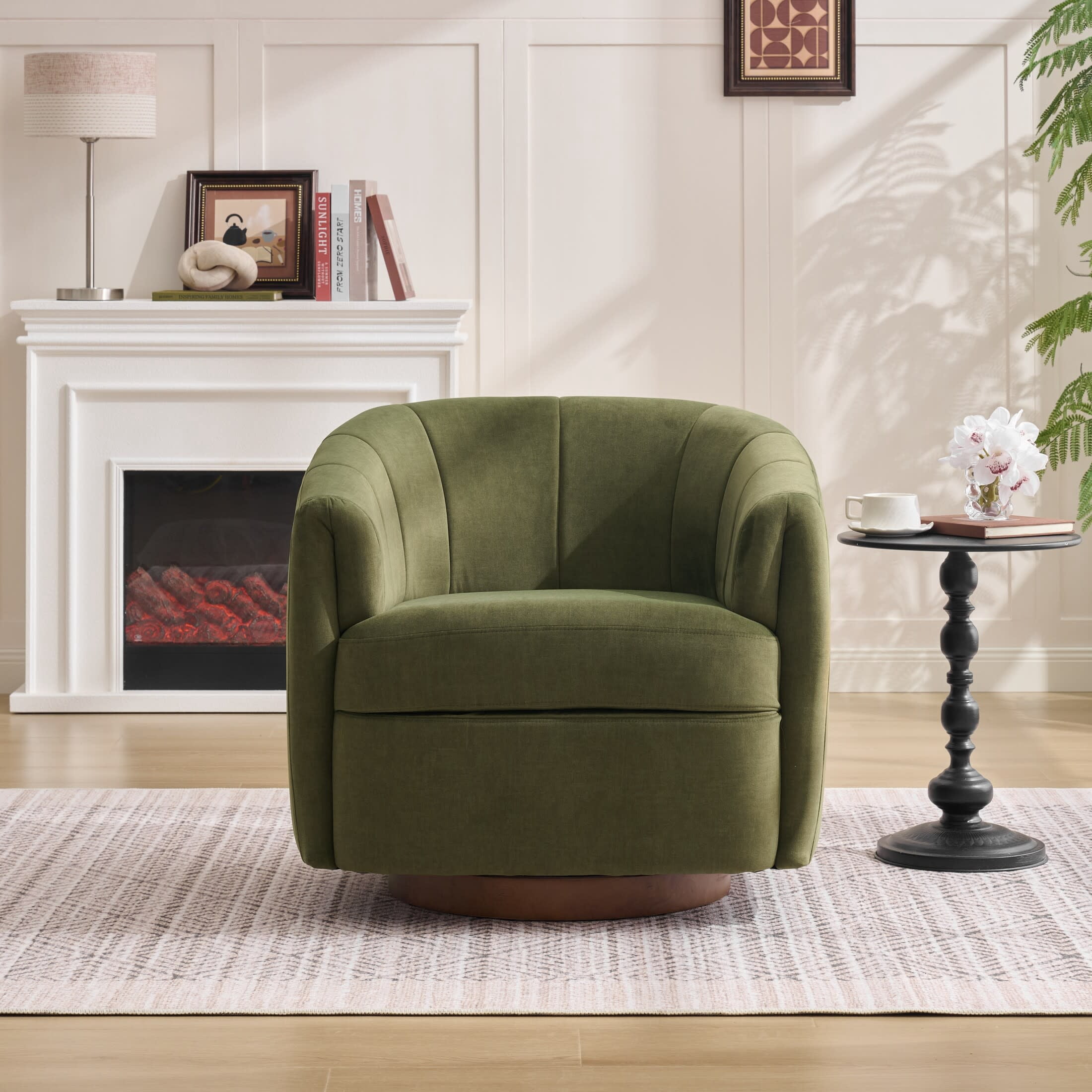 Noble House Swivel Accent Chair with Solid Wood Base, Velvet Upholstered Armchair for Living Room, Green