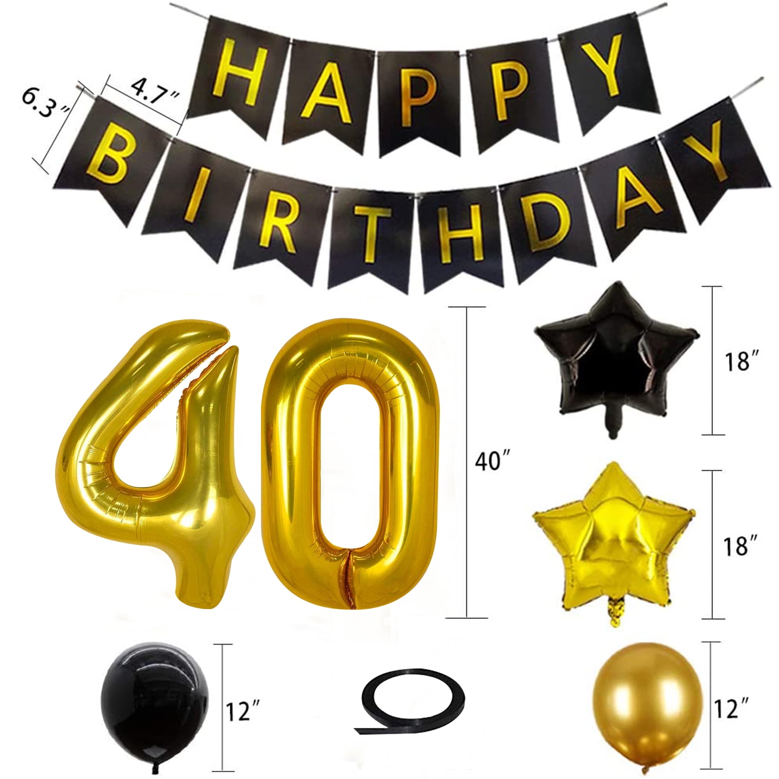 40th Birthday Decorations Kit, Large Number 40 Balloons, Black and Gold Happy Birthday Banner with Latex and Star Balloons, 40 Birthday Balloons Set Party Supplies, 24 Pack
