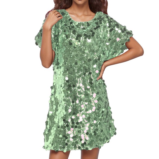 Robes de Soirée Courtes à Col Rond pour Femmes Manches Aguichant Paillettes Robe Flatteuse de Fête