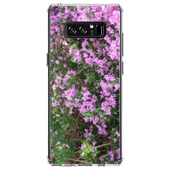 DistinctInk Clear Shockproof Hybrid Case for Samsung Galaxy Note 8 - TPU Bumper, Acrylic Back, Tempered Glass Screen Protector - Purple Flowers Mykonos Greece