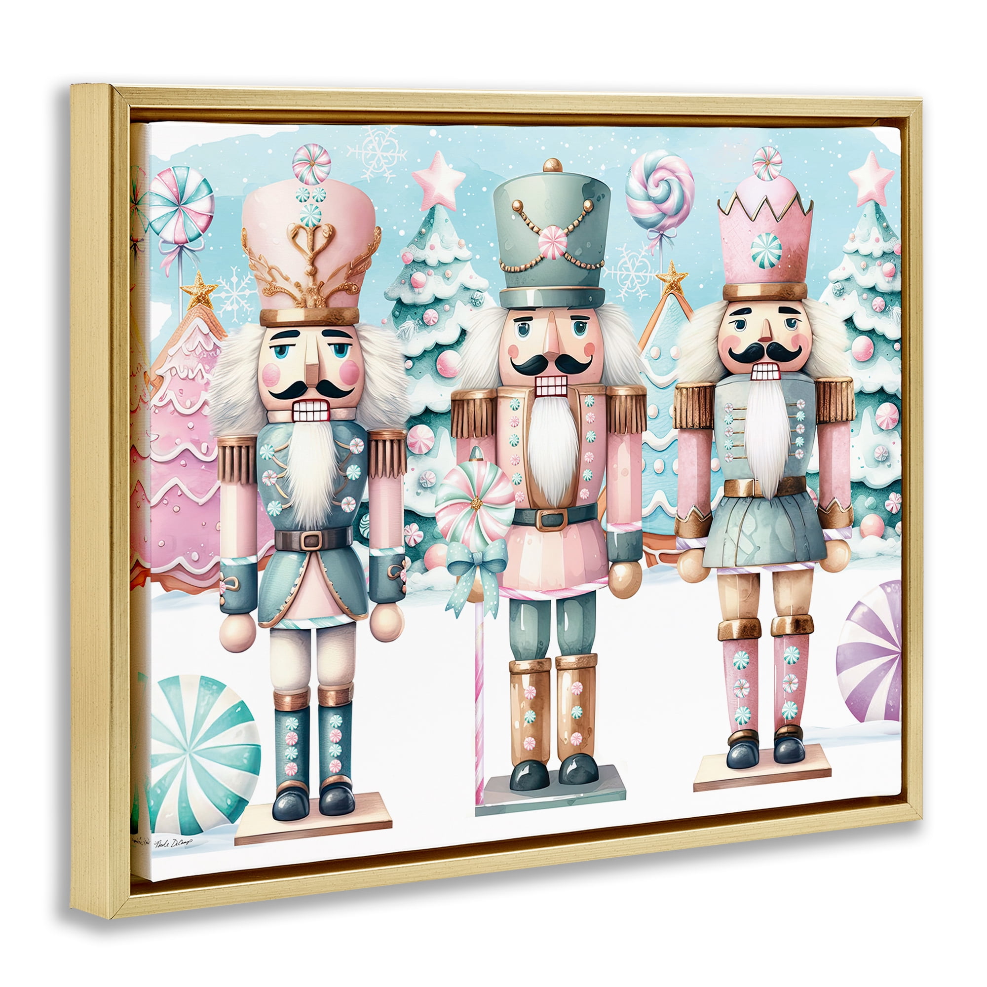 Stupell Industries Pastel Nutcracker Trio Holiday Painting Gold Floater Framed Art Print Wall Art, 31 x 25