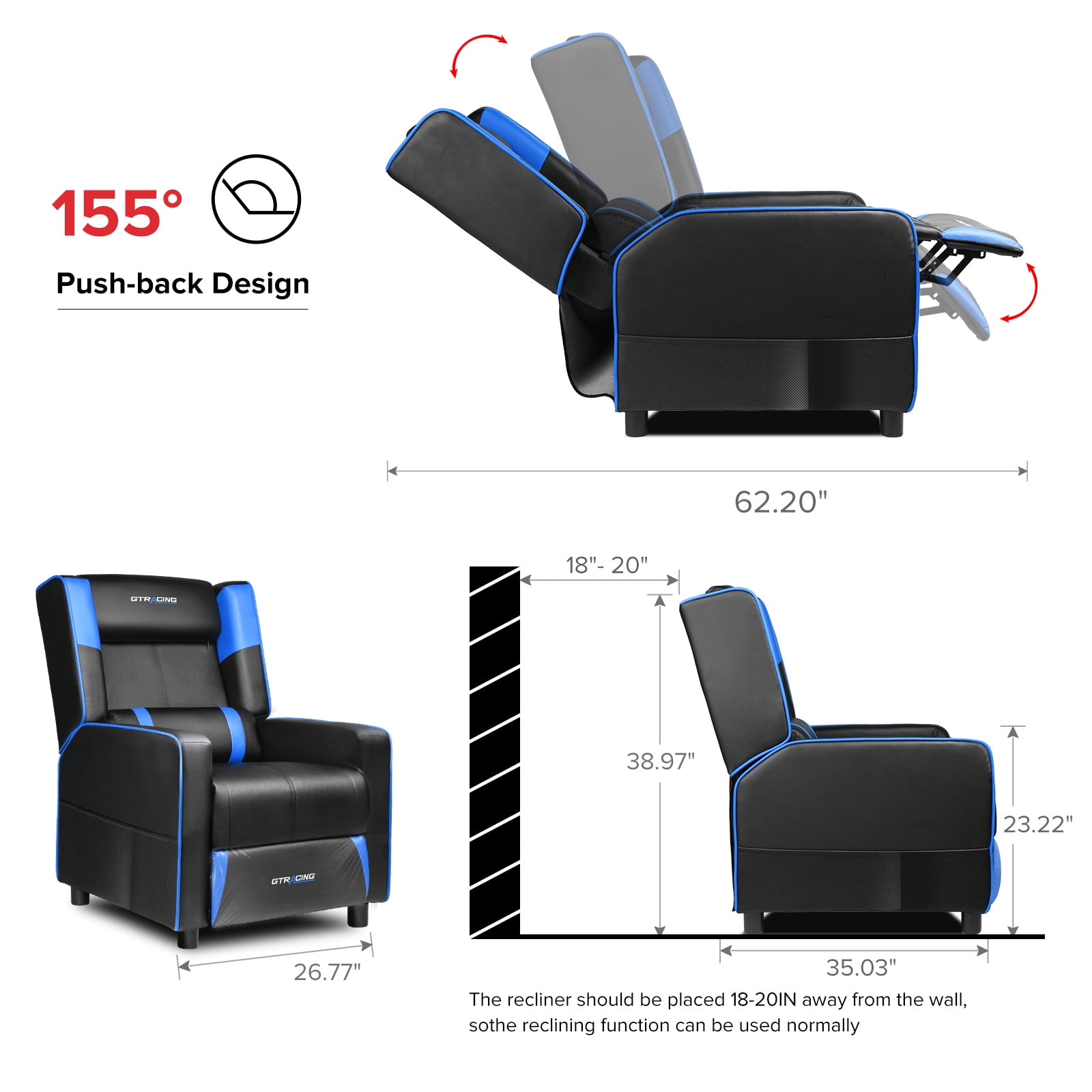 GTRCAING Gaming Recliner Chair PU Leather Living Room Sofa Single Home Theater Seating, Blue