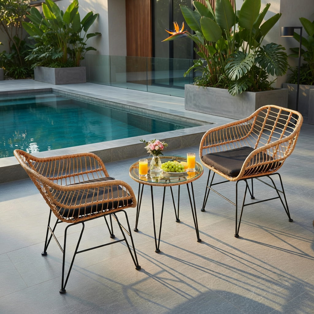 Hommoo 3-Piece Outdoor Rattan Furniture Set, 2 Armchairs + Coffee Table with Removable Cushions, Tempered Glass Top, Weather-Resistant Wicker & Steel Frame, Black