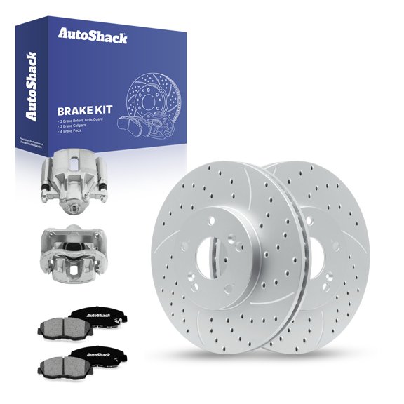 AutoShack Front Vented Drilled & Slotted Coated Brake Rotors Silver Matte Finish   Premium Ceramic Pads   Calipers 8-PC Brake Kit Replacement for 2006-2009 Honda Accord TurboGuard 11.81" (299.9 mm)