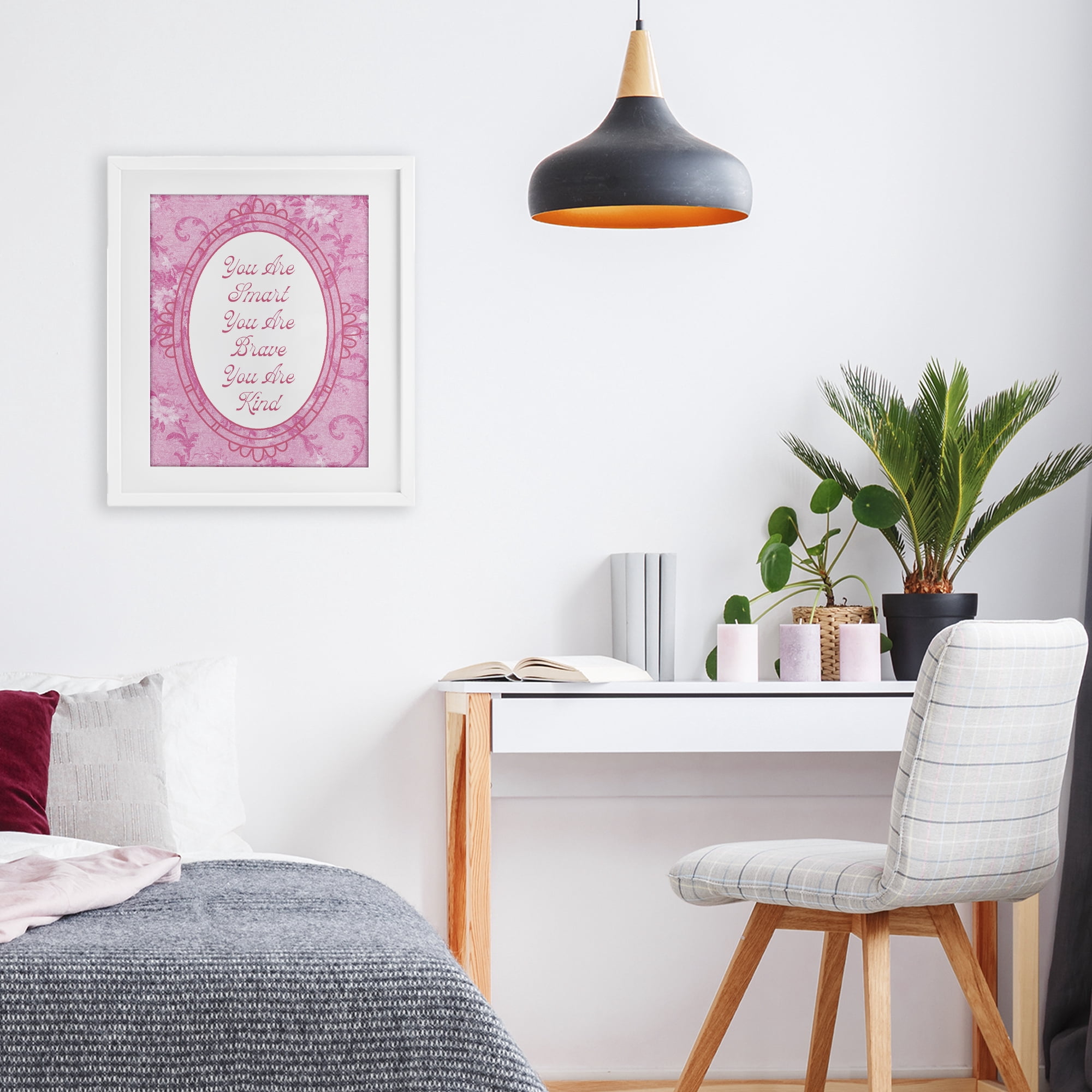 Stupell Industries Smart Brave & Kind Ornate Pink White Framed Print Under Glass, design by Lil' Rue
