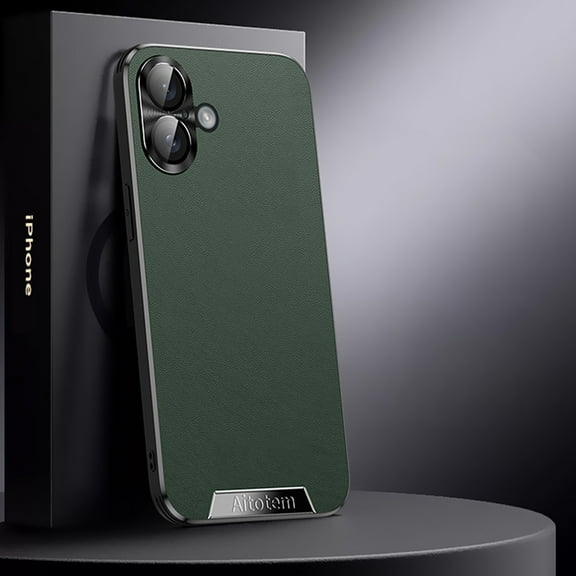 Allytechgroup iPhone 16 Plus Case with Camera Lens Protector, Slim Fit PU Leather Hard PC Anti-Fingerprint Shockproof Bumper Lightweight Phone Case for Apple iPhone 16 Plus, Green