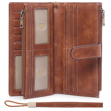FALAN MULE Women Leather Wallet Large Capacity Bifold RFID Blocking Card Holder with Double Zipper Coin Pocket