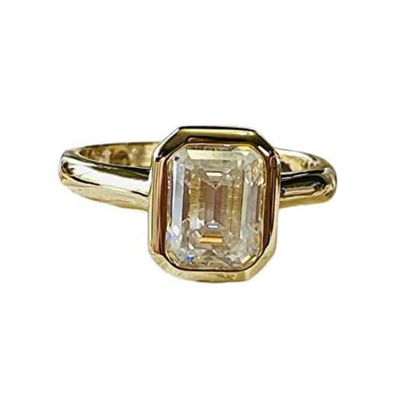 HeartsAndYou 2ct Engagement Ring for Women Emerald Cut Moissanite Bezel Set Solitaire 18k Yellow Gold over Silver