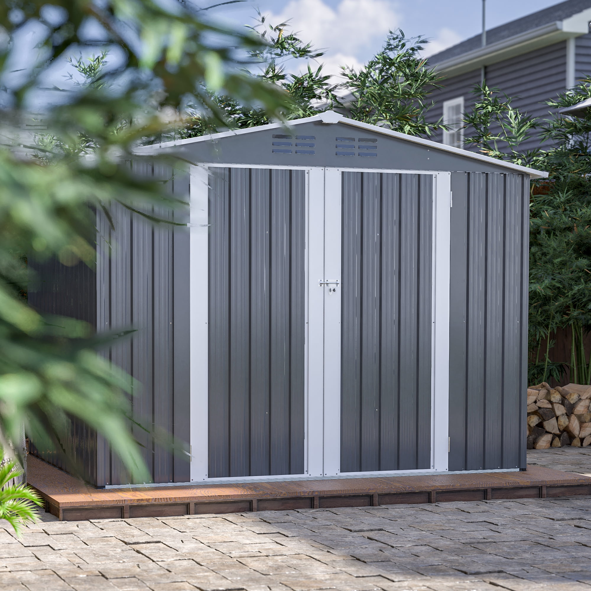 LIVIVOX 8 x 6 FT Outdoor Waterproof Garden Tool Storage Sheds with Metal Foundation with Floor Frame, Tool Shed with Lockable Hinged Doors & Air Vents, Storage House Waterproof
