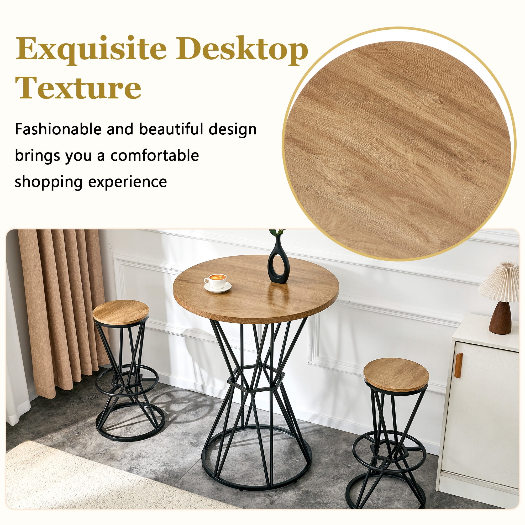 3-Piece Industrial Bar Table and Chair Set, 31.5-Inch Wood Grain MDF Bar Table with Black Metal Frame and 2 Stools, Modern Pub Dining Set for Kitchen Island Home Bar, Black Wood