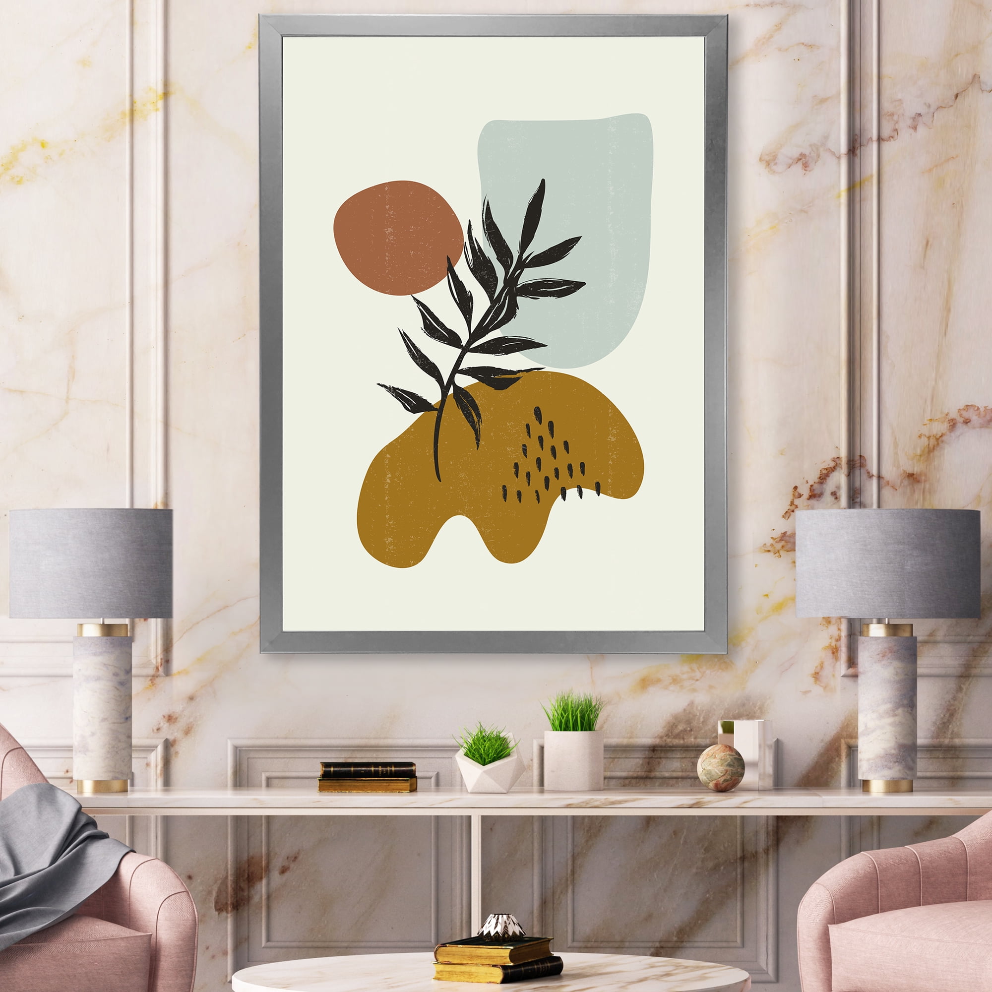 Designart 'Abstract Shapes With Botanical Minimalist Leaf II' Modern Framed Art Print