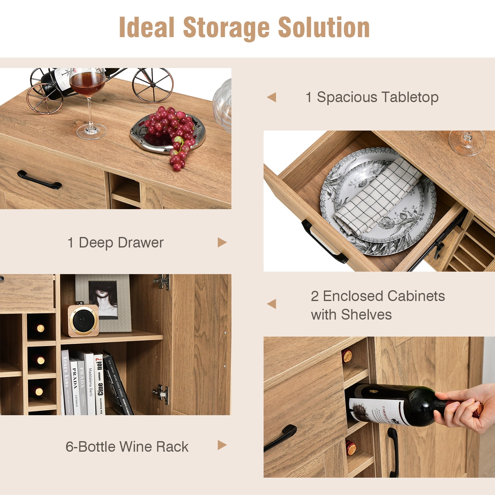 Costway 2-Door Wine Bar Cabinet Kitchen Sideboard Buffet with Drawer & Adjustable Shelves Natural