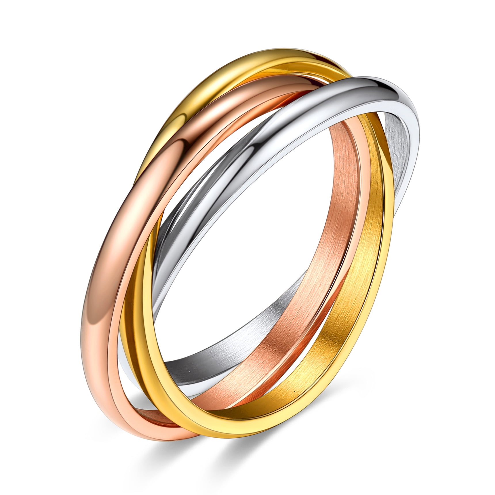Bestyle Minimalist Stainless Steel Rings for Women Girls Triple Interlocked Promise Ring Set Cross Dome Rings Jewelry, Tri-Color, Size 10