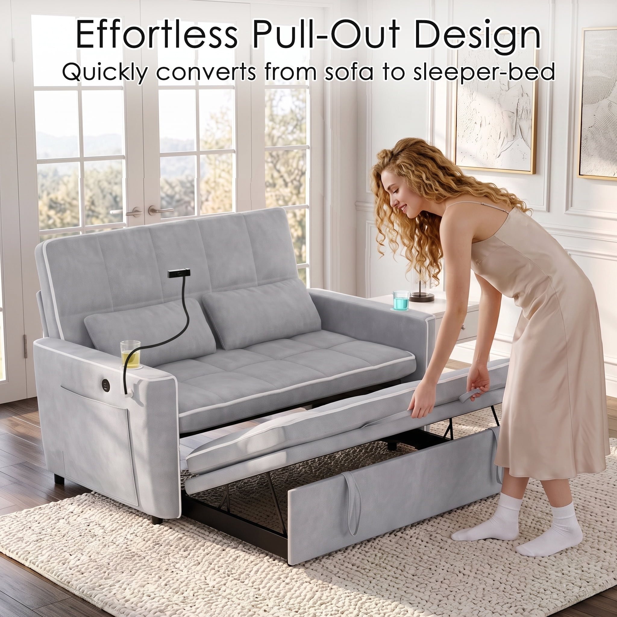 AISWORD 54" Convertible Sleeper Sofa Bed, Pull Out Loveseat Couch with USB Port, Phone Holder & Cup Holder, Adjustable Backrest for Apartment, Living Room, Office, Light Gray