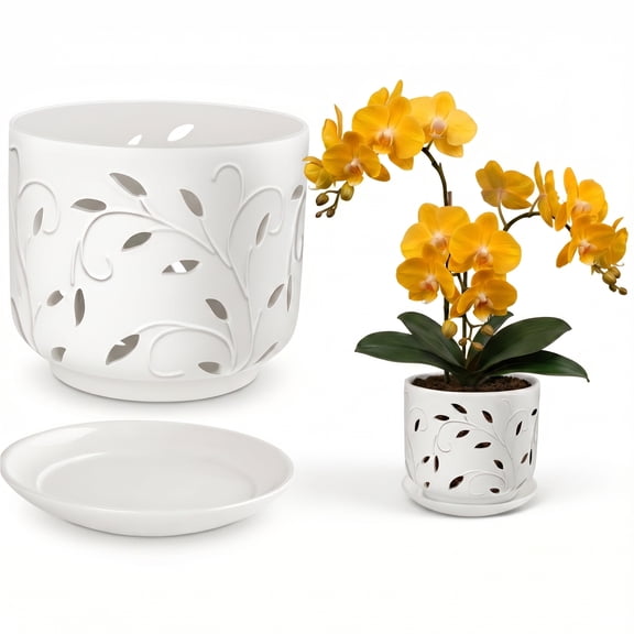 BUYMAX orchid pot, 7 inch ceramic planter with drainage holes and tray, white indoor/outdoor flower pot for orchid care and root health