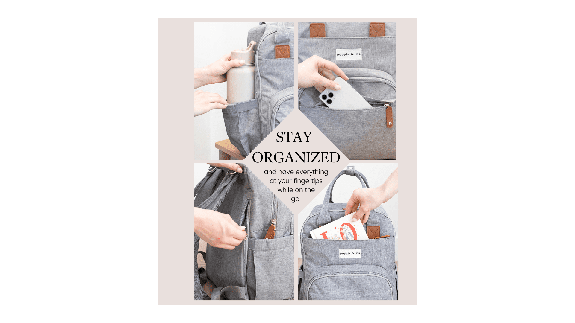 Poppie & Ma Diaper Bag Backpack | Water Resistant and Durable | Multifunction Travel Backpack for Mom and Dad | Gray