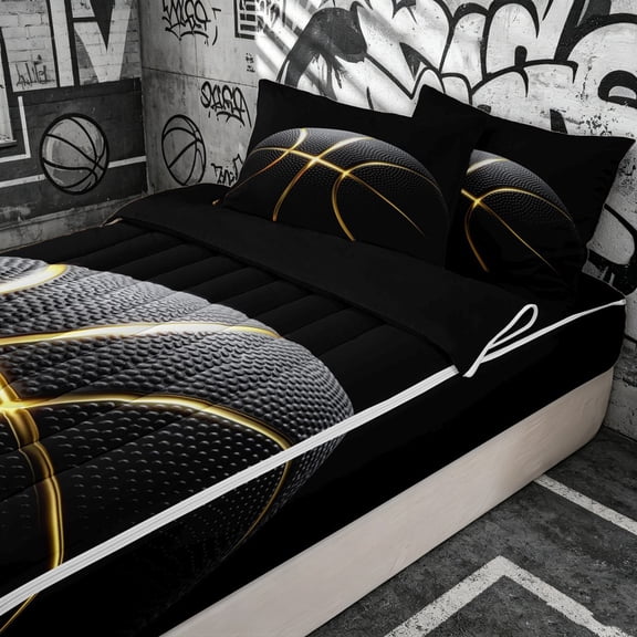 Erosebridal Glossy Basketball Zipper Twin Comforter Sets with Fitted Sheet and 2 Pillowcases for Boys Men, Modern Spaort Lover Zipper Bedding Set, Black Gold, Black Reversible, 4pcs