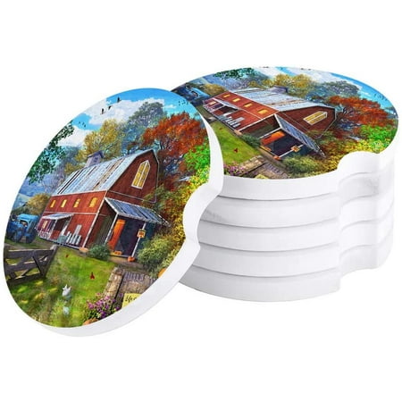 

KXMDXA Farmhouse Life Illustration Set of 2 Car Coaster for Drinks Absorbent Ceramic Stone Coasters Cup Mat with Cork Base for Home Kitchen Room Coffee Table Bar Decor
