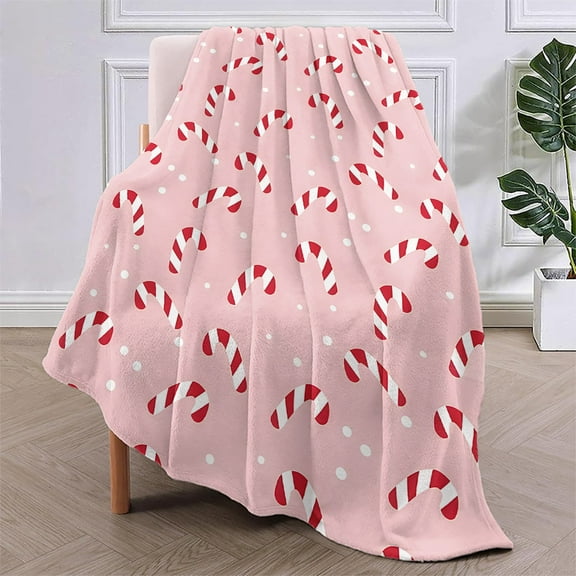 Flannel Fleece Throw Blanket with Candy Cane Print All Season Multipurpose Bedding for Bed Sofa Chair Camping Living Room Office Contemporary Style Digital Print Woven Ideal Christmas Gift
