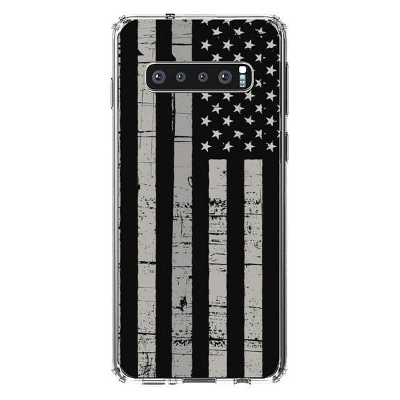 DistinctInk Clear Shockproof Hybrid Case for Samsung Galaxy S10 (6.1" Screen) - TPU Bumper, Acrylic Back, Tempered Glass Screen Protector - Black Grey US Flag United States - America